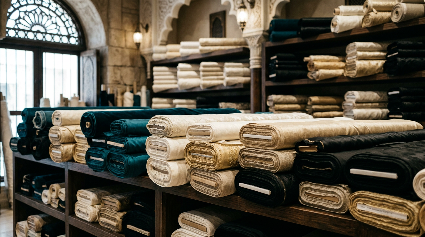 Rolls of teal, ivory, gold and black fabric stacked on wooden shelves in a Dubai textile house