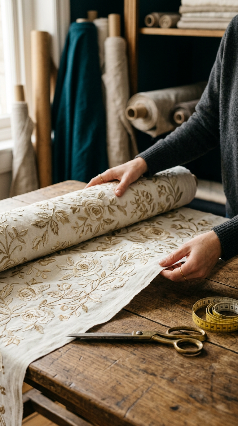 Hands unrolling ivory embroidered fabric on a wooden table beside a tape measure and brass scissors